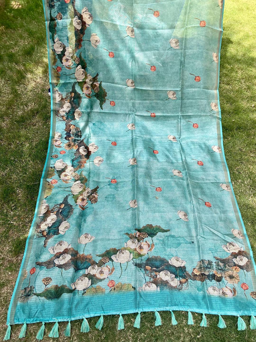 Turquoise Soft Kota Doriya Silk Saree With Flower Print