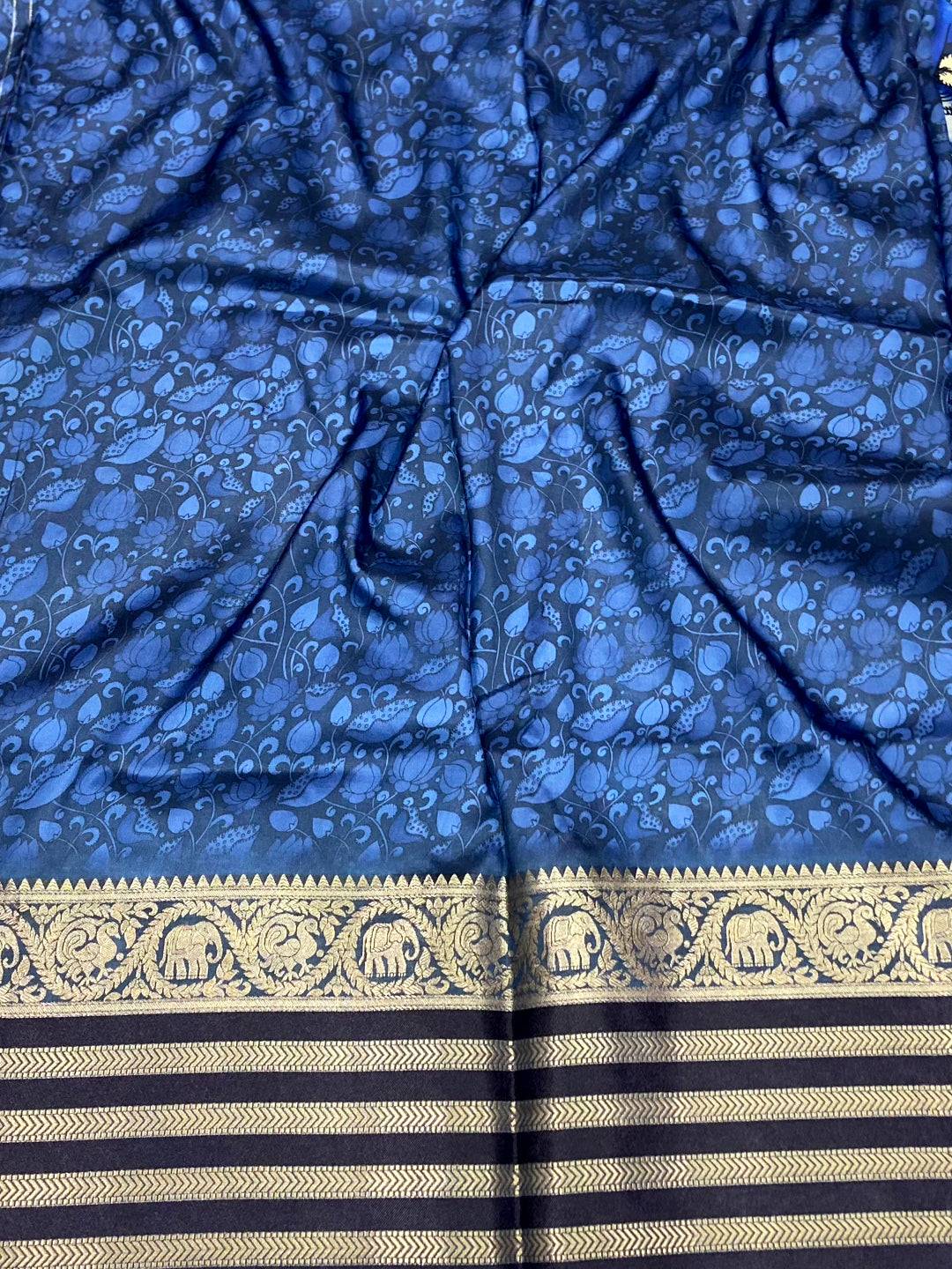 Royal Blue Kalamkari Printed Banarasi Saree