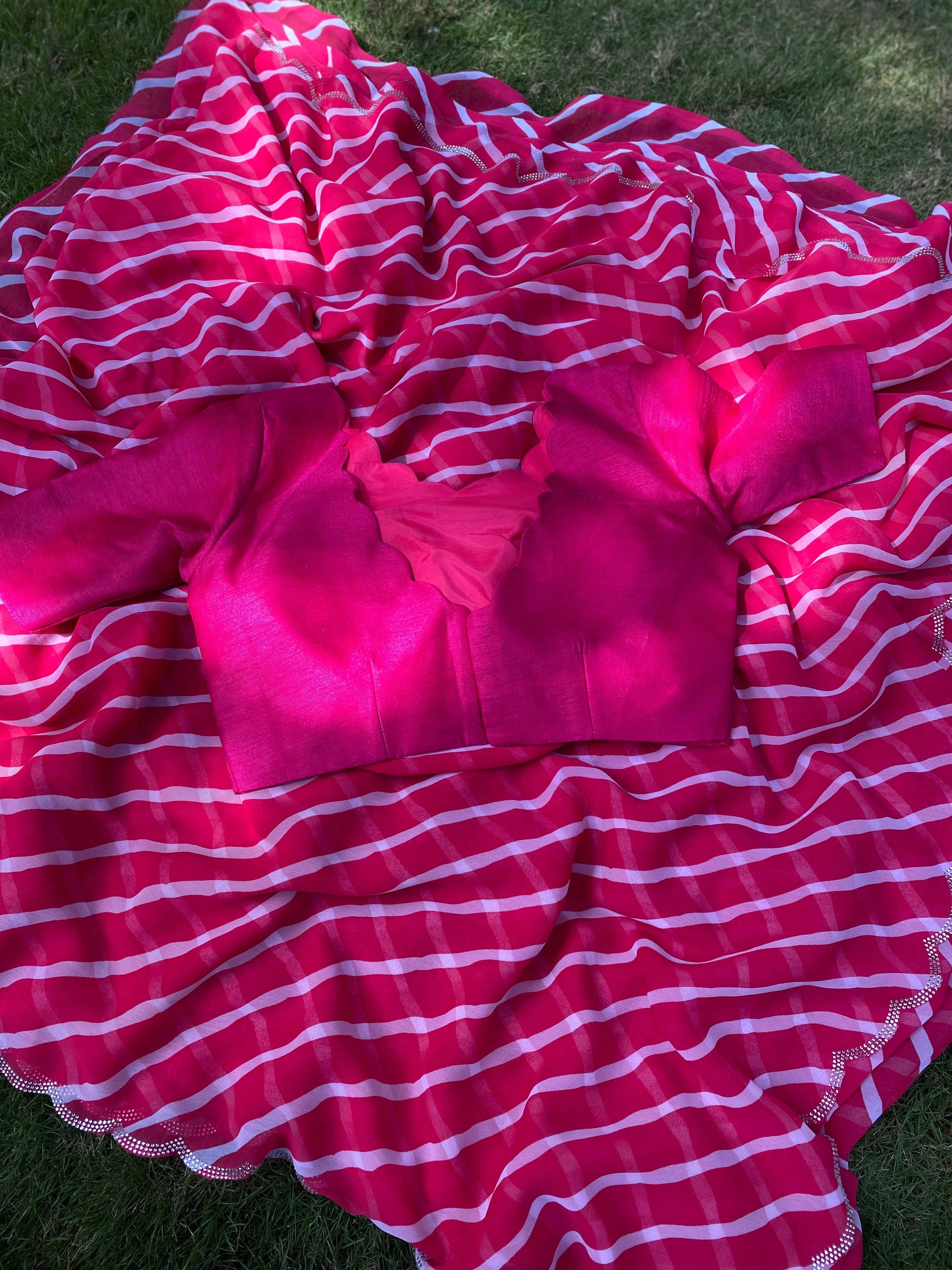 Georgette Leheriya Print Swaroski Cut Work Border Saree