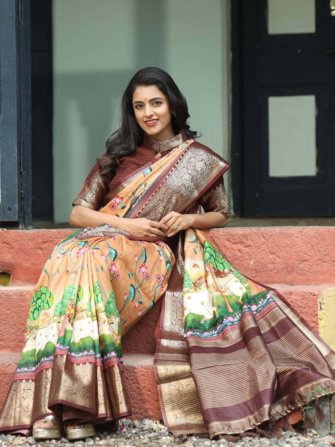 Pichwai Print Zari Weaving Pallu Saree In Peach Colour