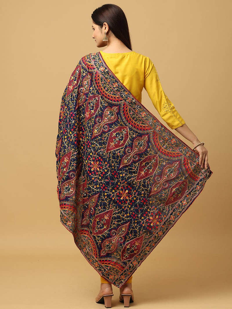 Navy Scallop Border Paisley Pashmina Dupatta
