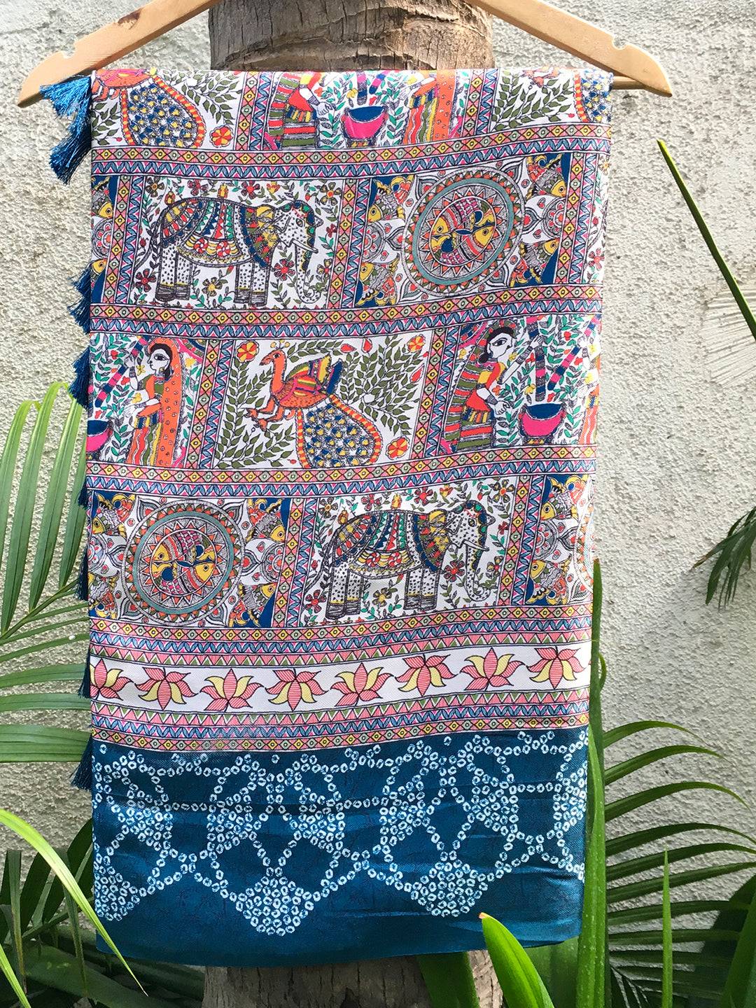 Blue Madhubani digital print saree with intricate designs