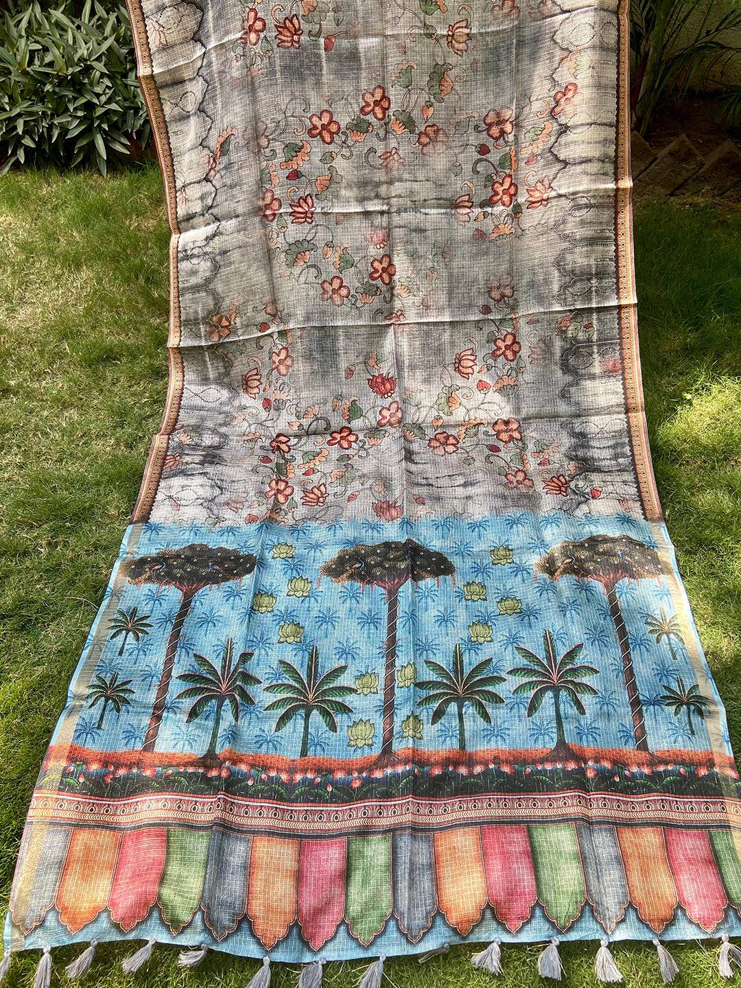 Full view of grey Kota Doriya silk saree with floral and palm design