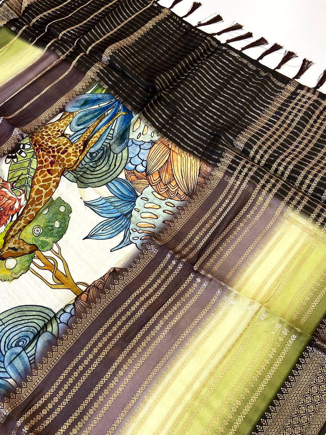 Stylish Soft Silk Kalamkari Zari Stripe Saree