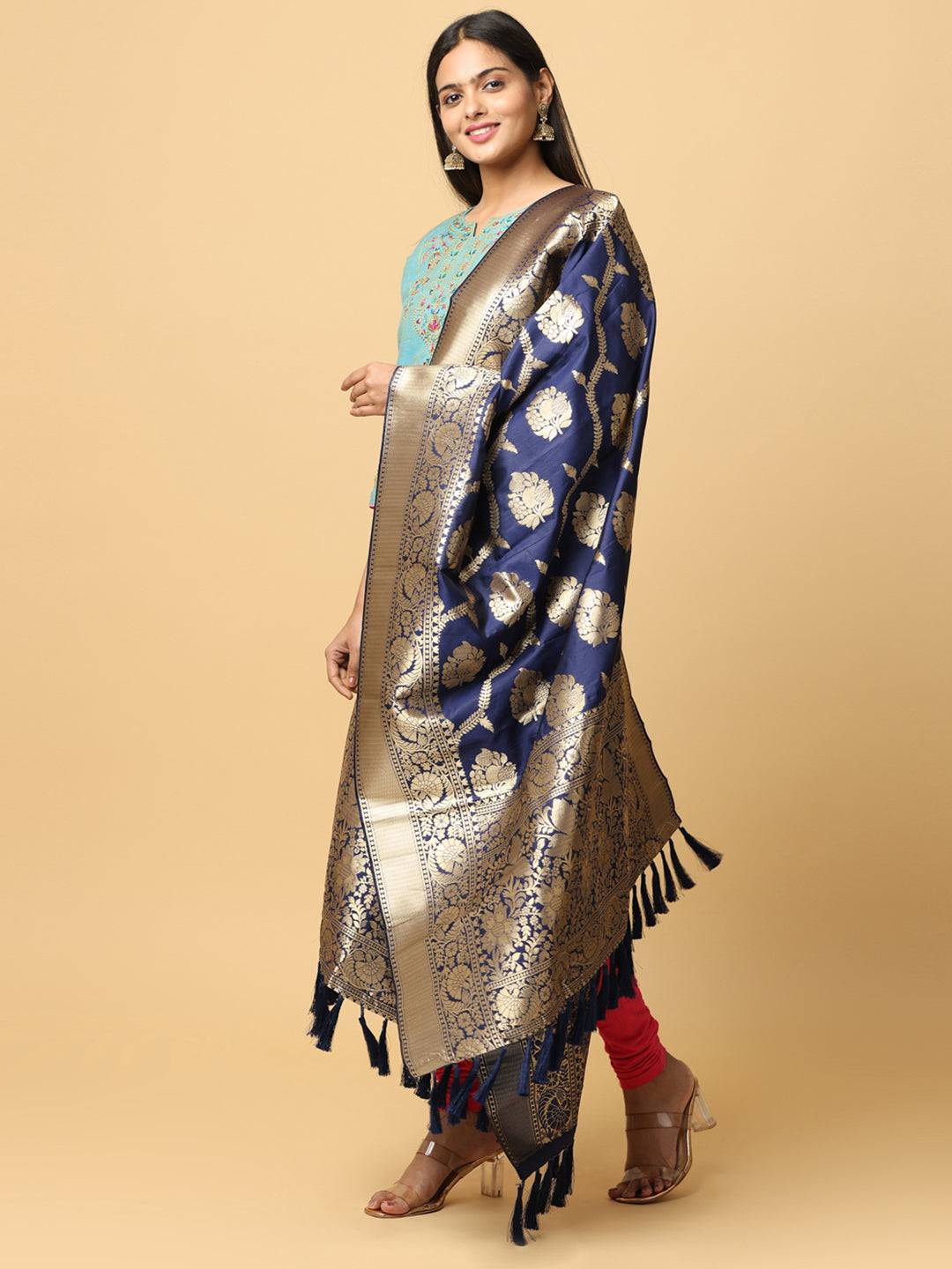 Stylish dark blue silk blend dupatta with detailed woven design
