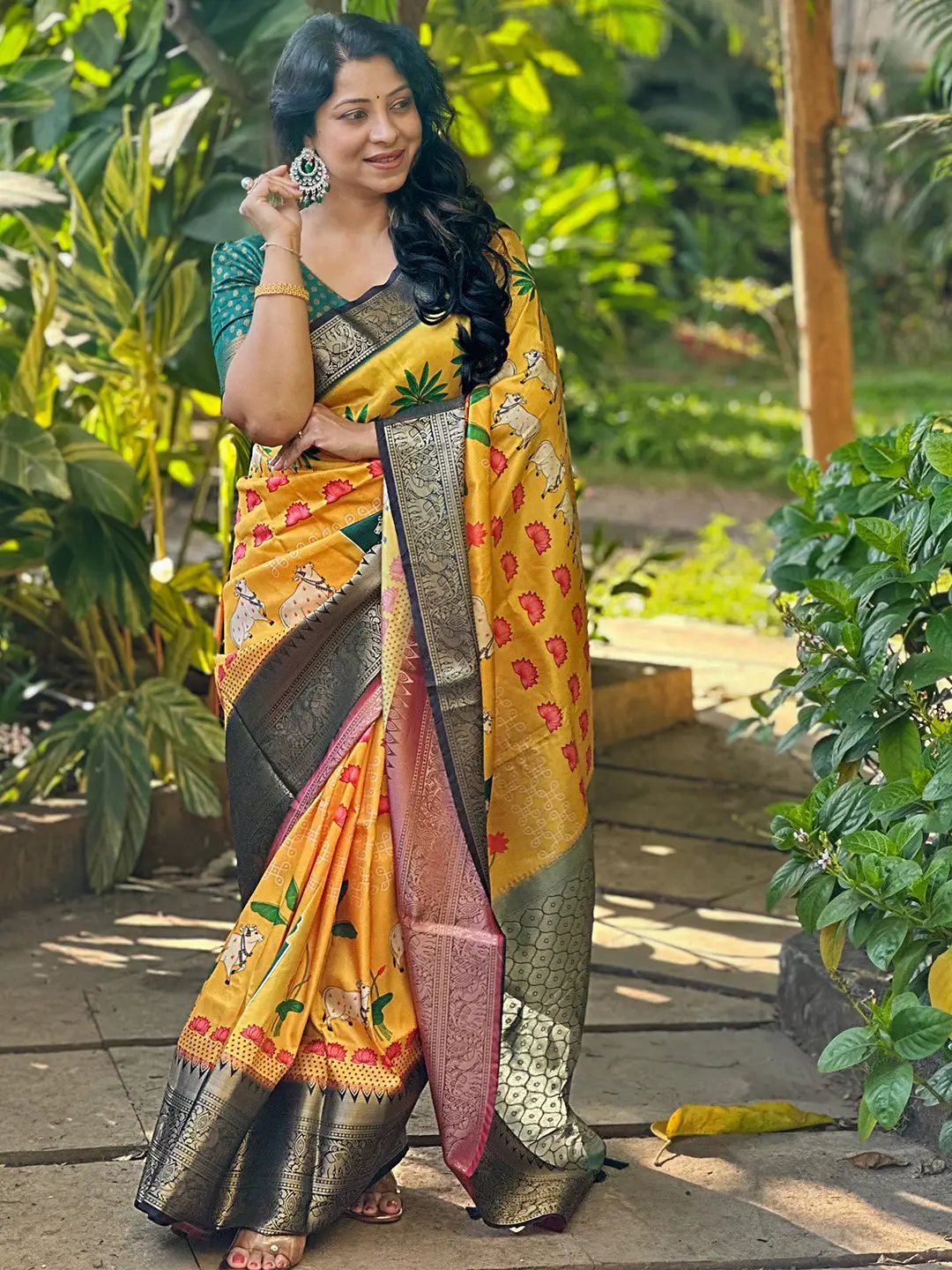  Yellow Colour Kanchi Zari Border Pichwai Design Saree