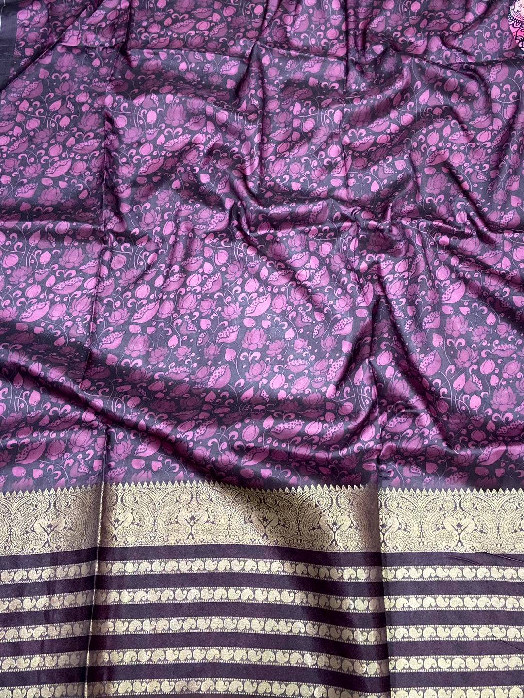Purple Kalamkari Printed Banarasi Saree