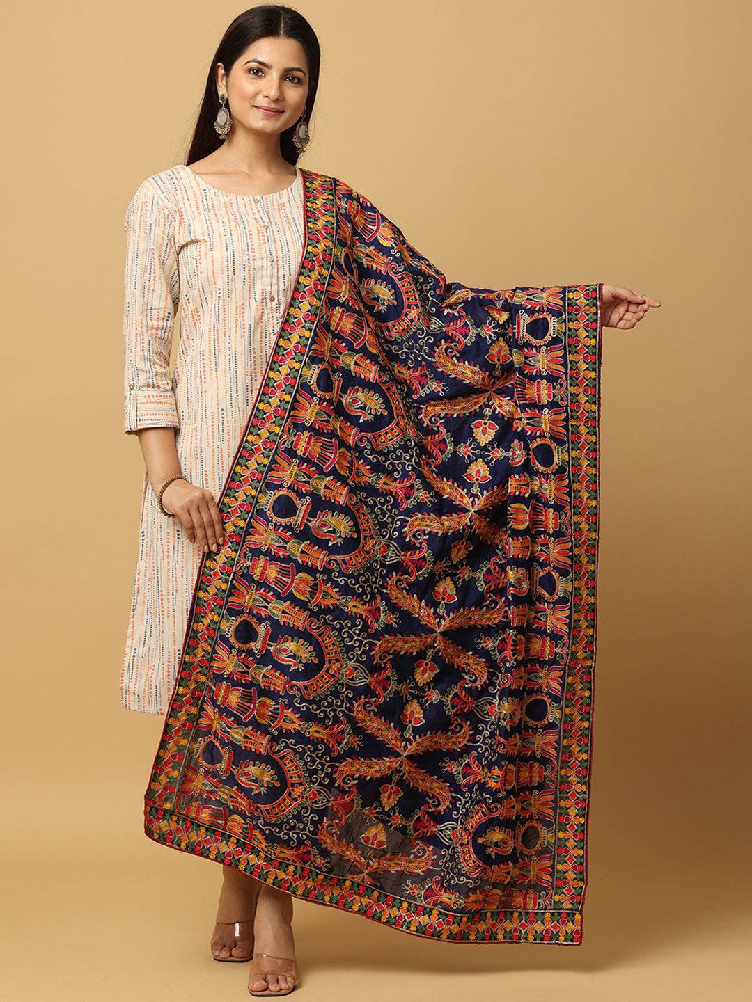 Navy poly chiffon pashmina dupatta with colorful threadwork