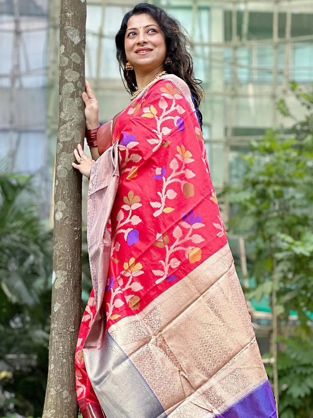 Red Banarasi saree with intricate Minakari Ikkat pattern