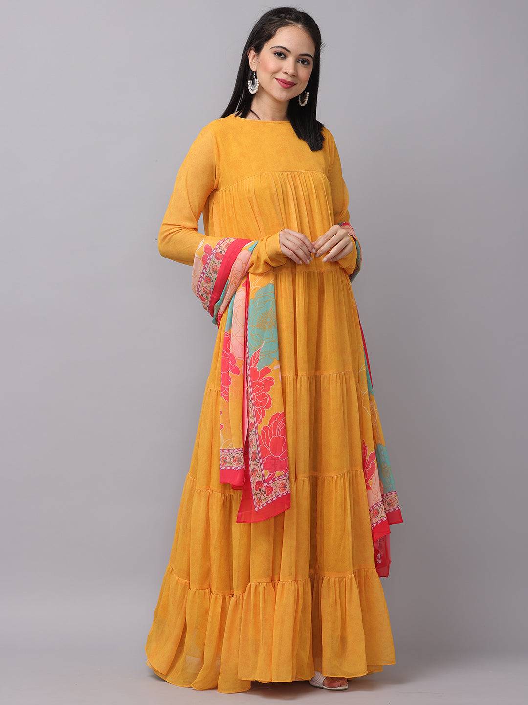 Sunlit Mustard Flared Long Dress elegant pose