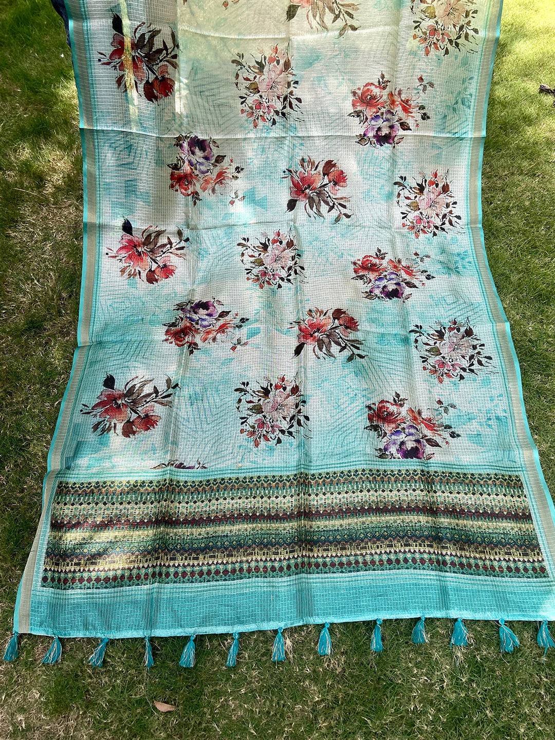 Turquoise Soft Kota Doriya Silk Saree With Flower Print