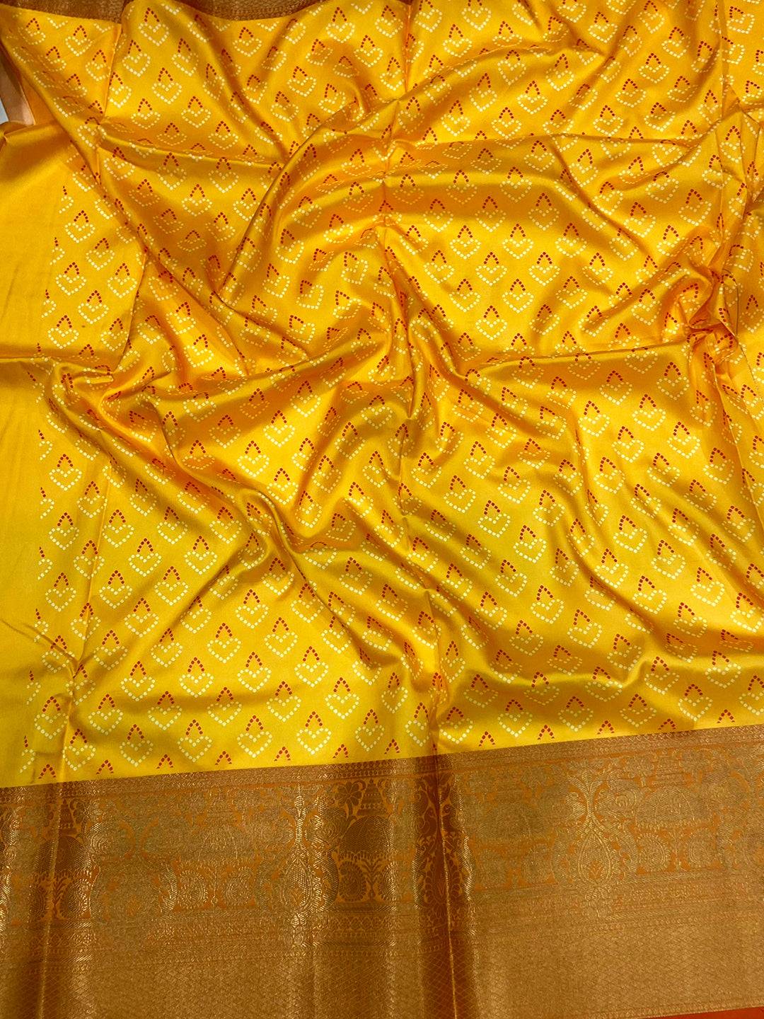 Bright Orange Bandhej Printed Banarasi Saree