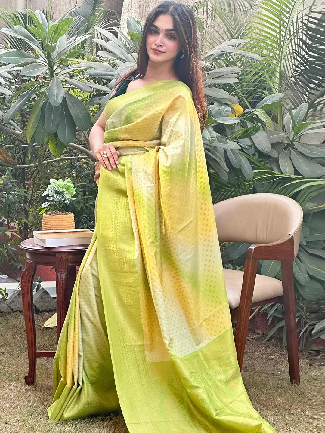 Elegant Soft Silk Banarasi Ombre Saree in outdoor setting