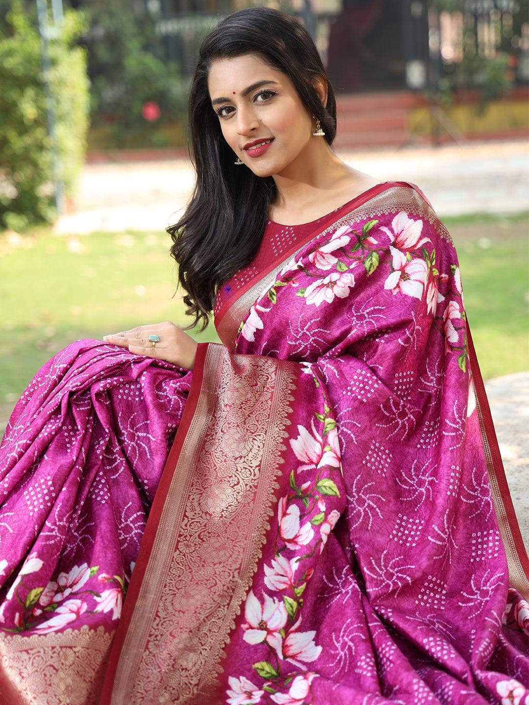 Magenta Pure Viscose Dola Silk Saree And Floral Print Border