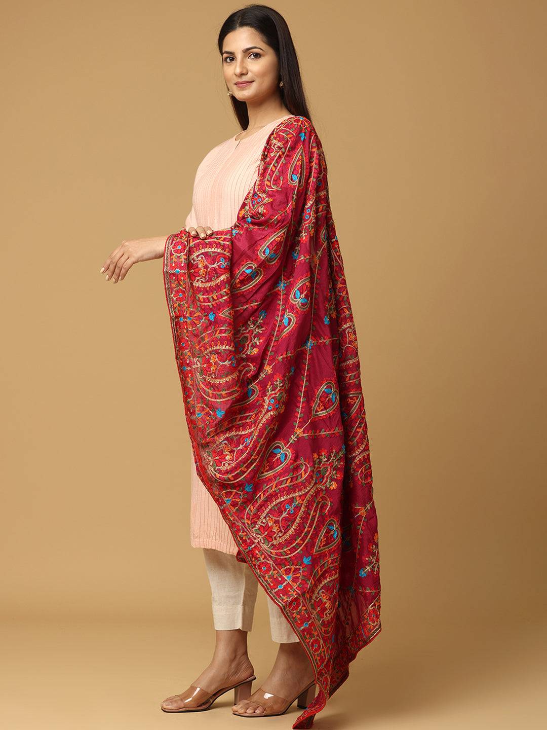 Side view of wine poly chiffon pashmina threadwork dupatta