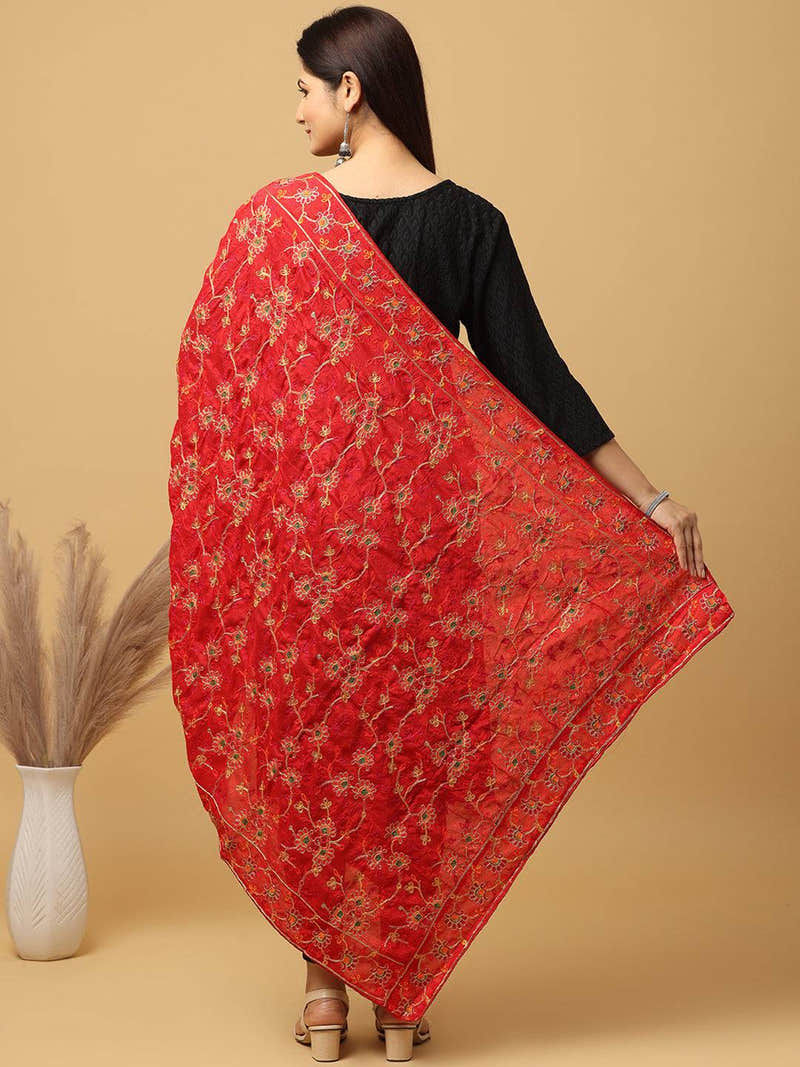 Red Vivid Floral Spray Pashmina Dupatta