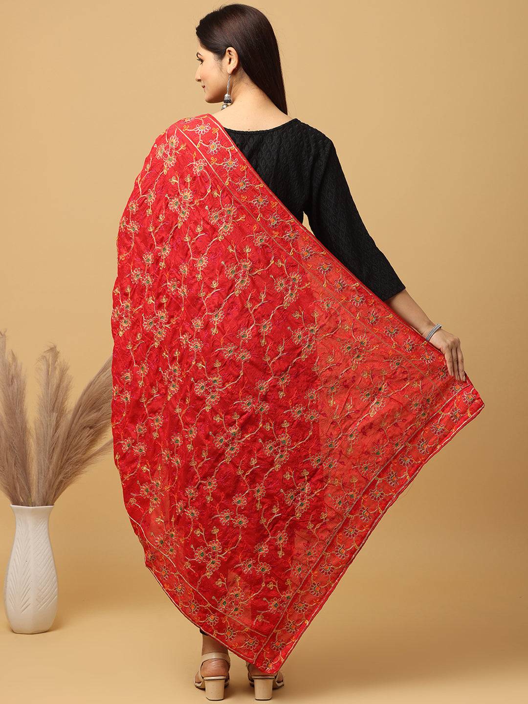 Back view of red poly chiffon pashmina dupatta with embroidery.