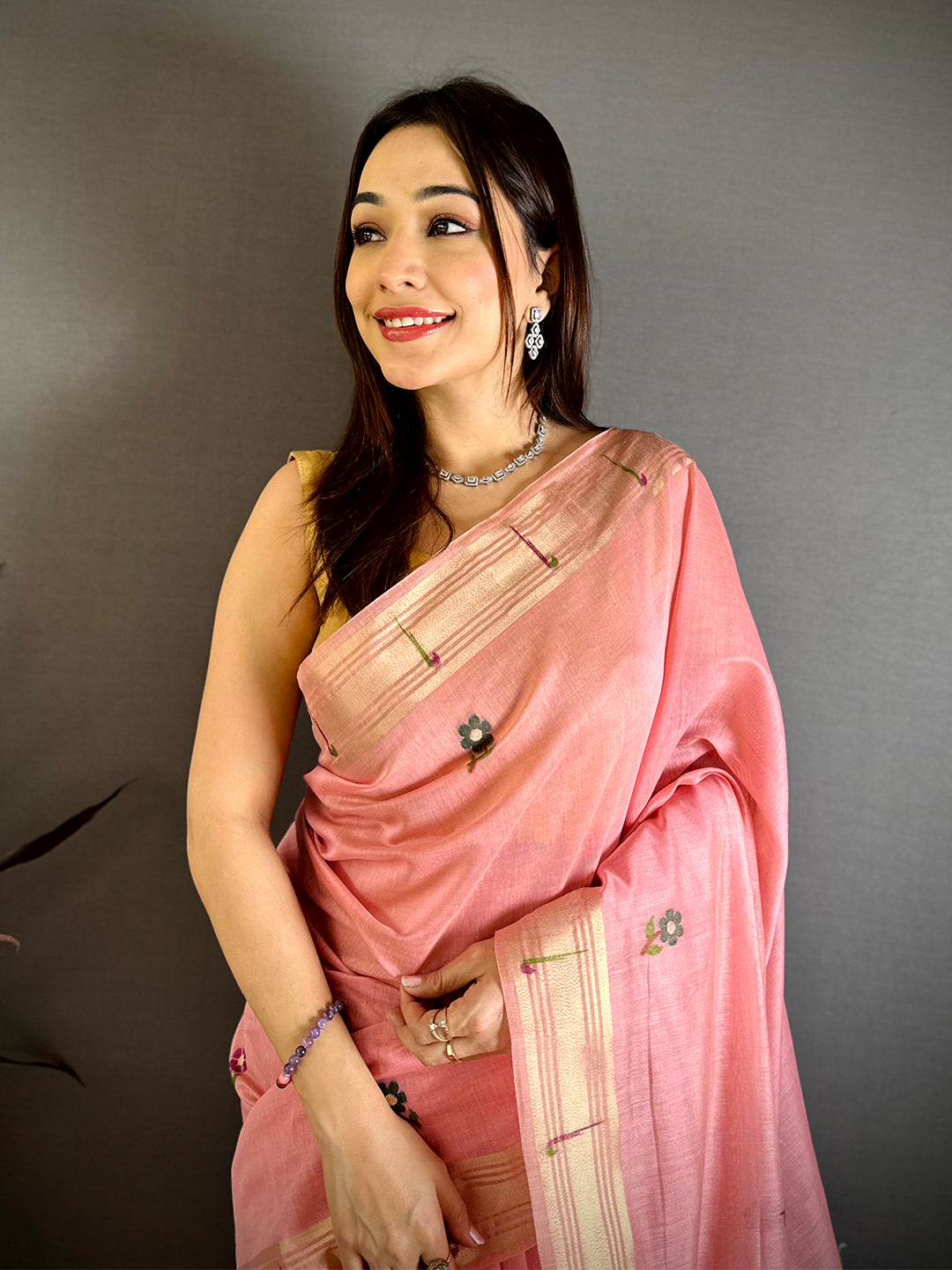 Pink Sunflower Minakari Khadi Saree