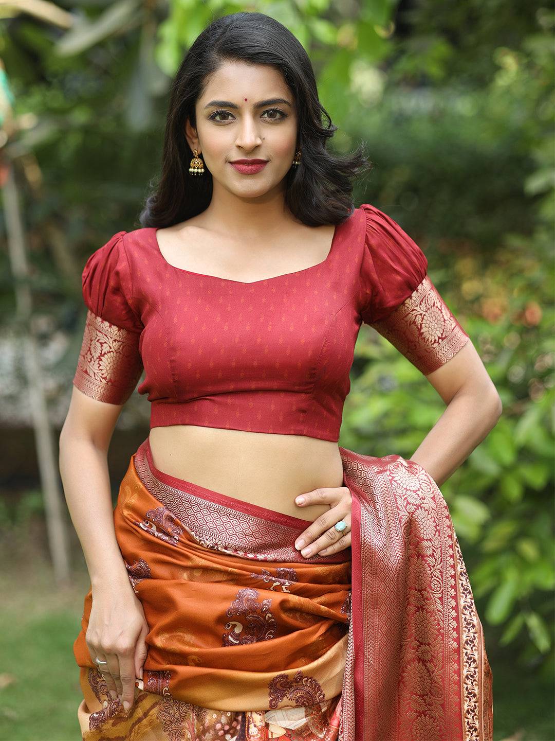 Orange Ajrak Block & Hand Kalamkari Print Pure Viscose Saree