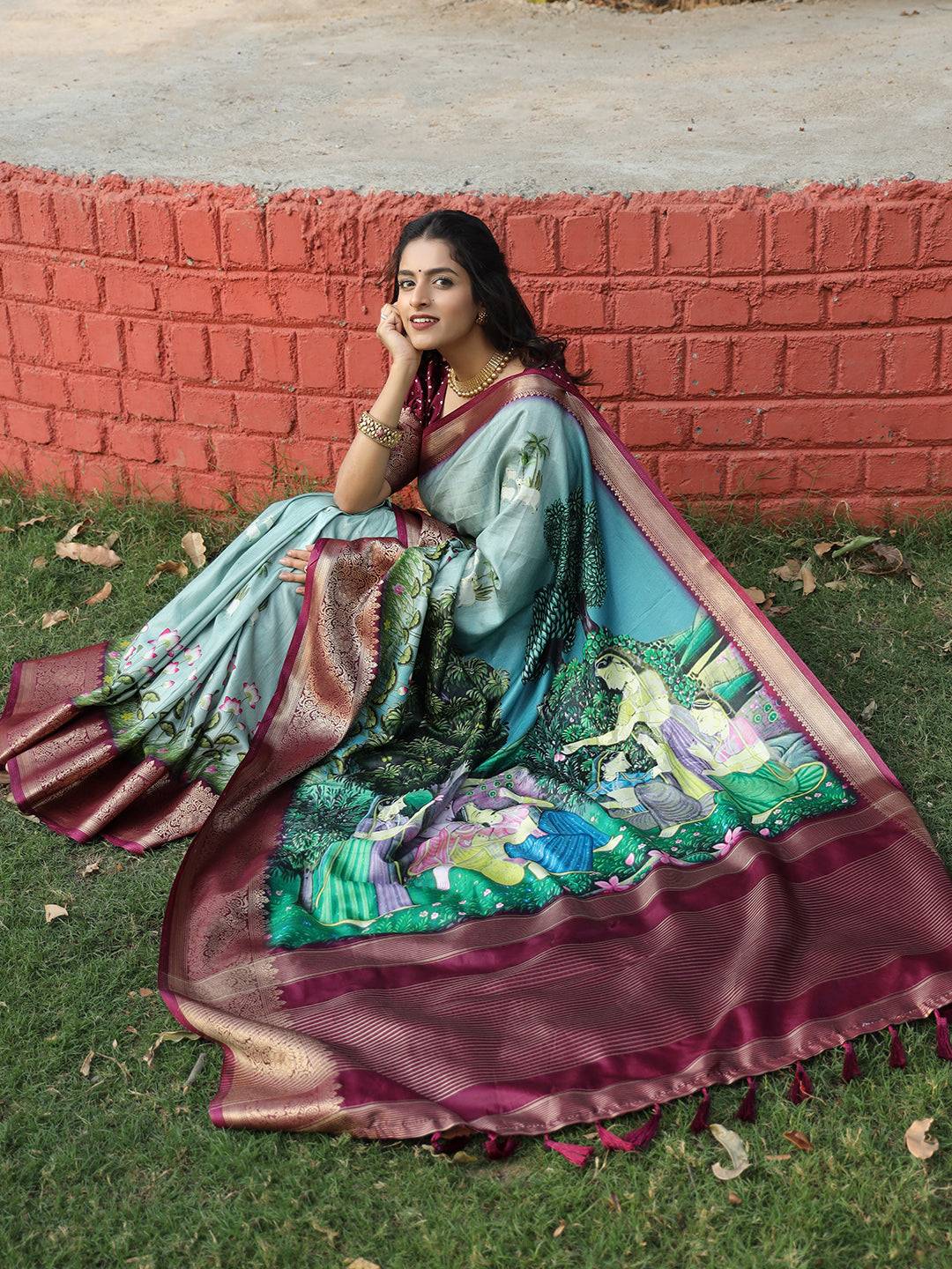 Viscose Dola Silk Sky Blue Saree with Floral & Mughal Print