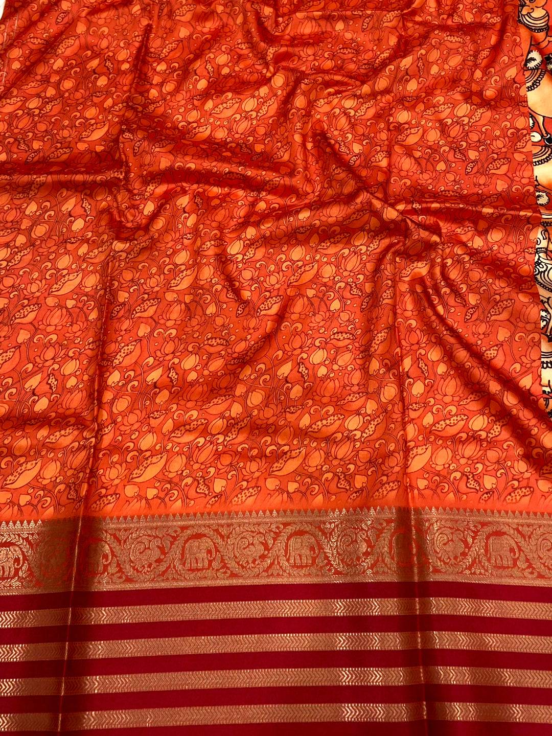 Orange Kalamkari Printed Banarasi Saree