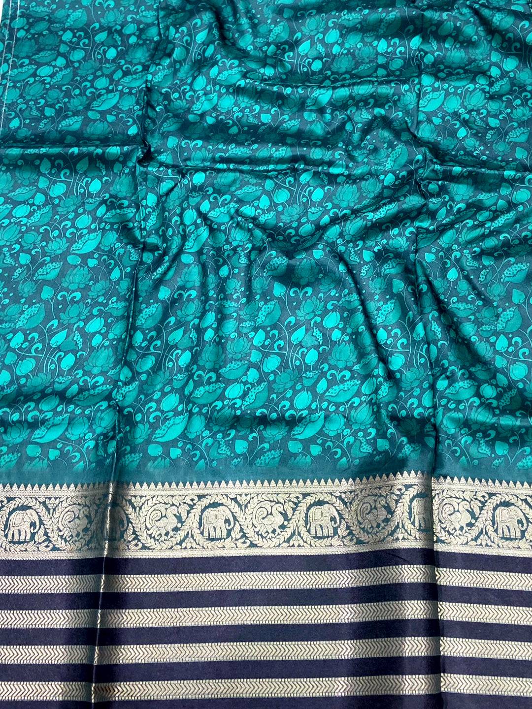Bottle Green Kalamkari Printed Banarasi Saree