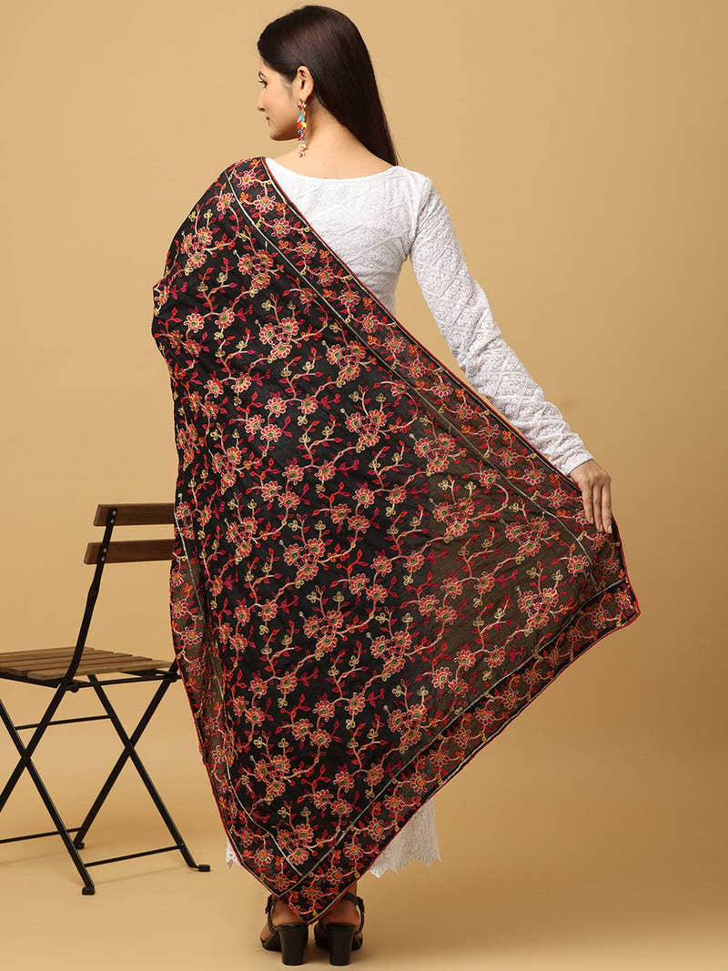 Black Multicolour Floral Jaal Pashmina Dupatta