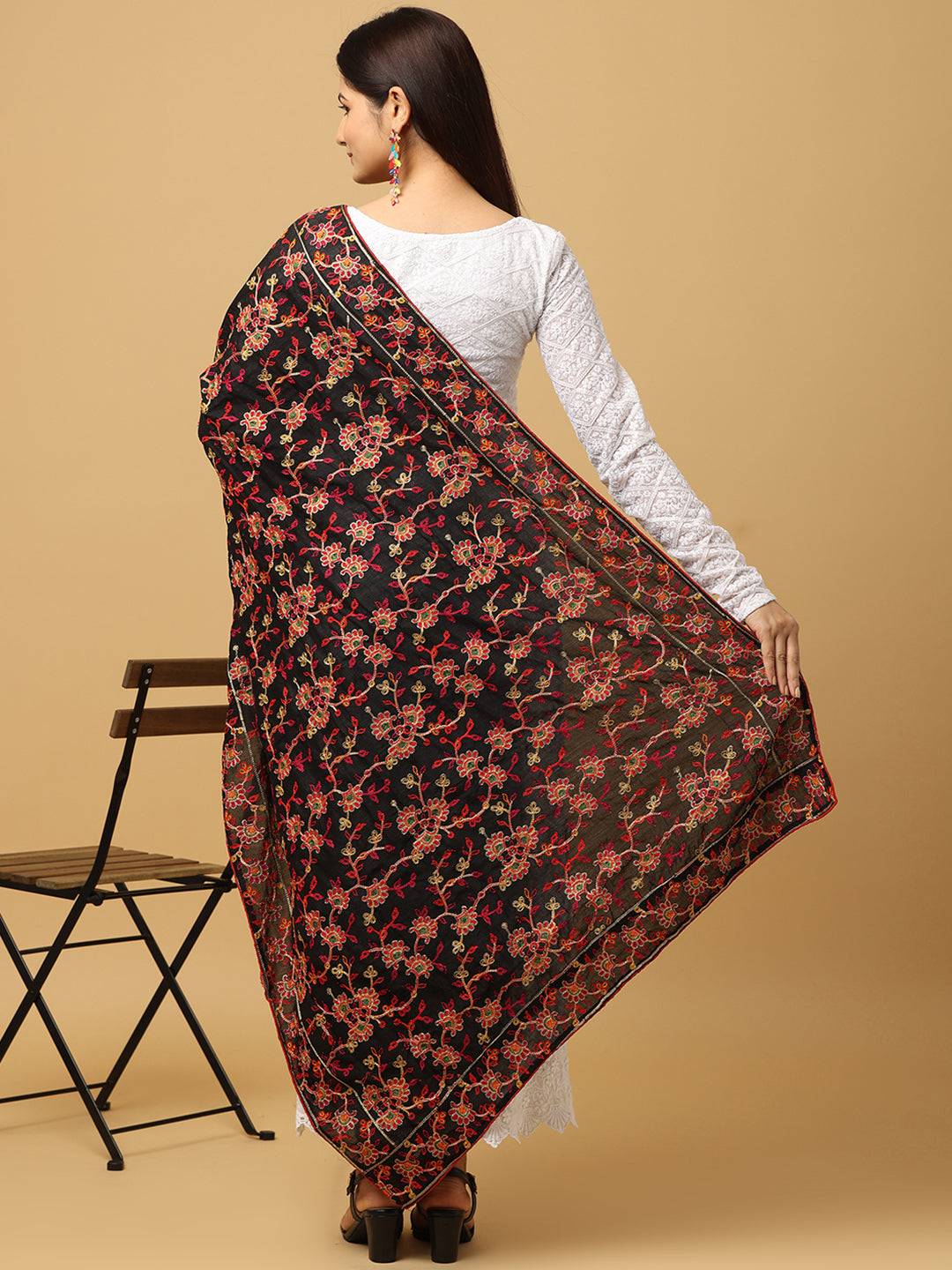 Back view of black chiffon dupatta with intricate threadwork.