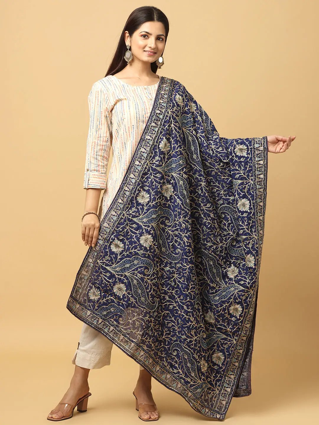 Navy chiffon pashmina dupatta with intricate threadwork