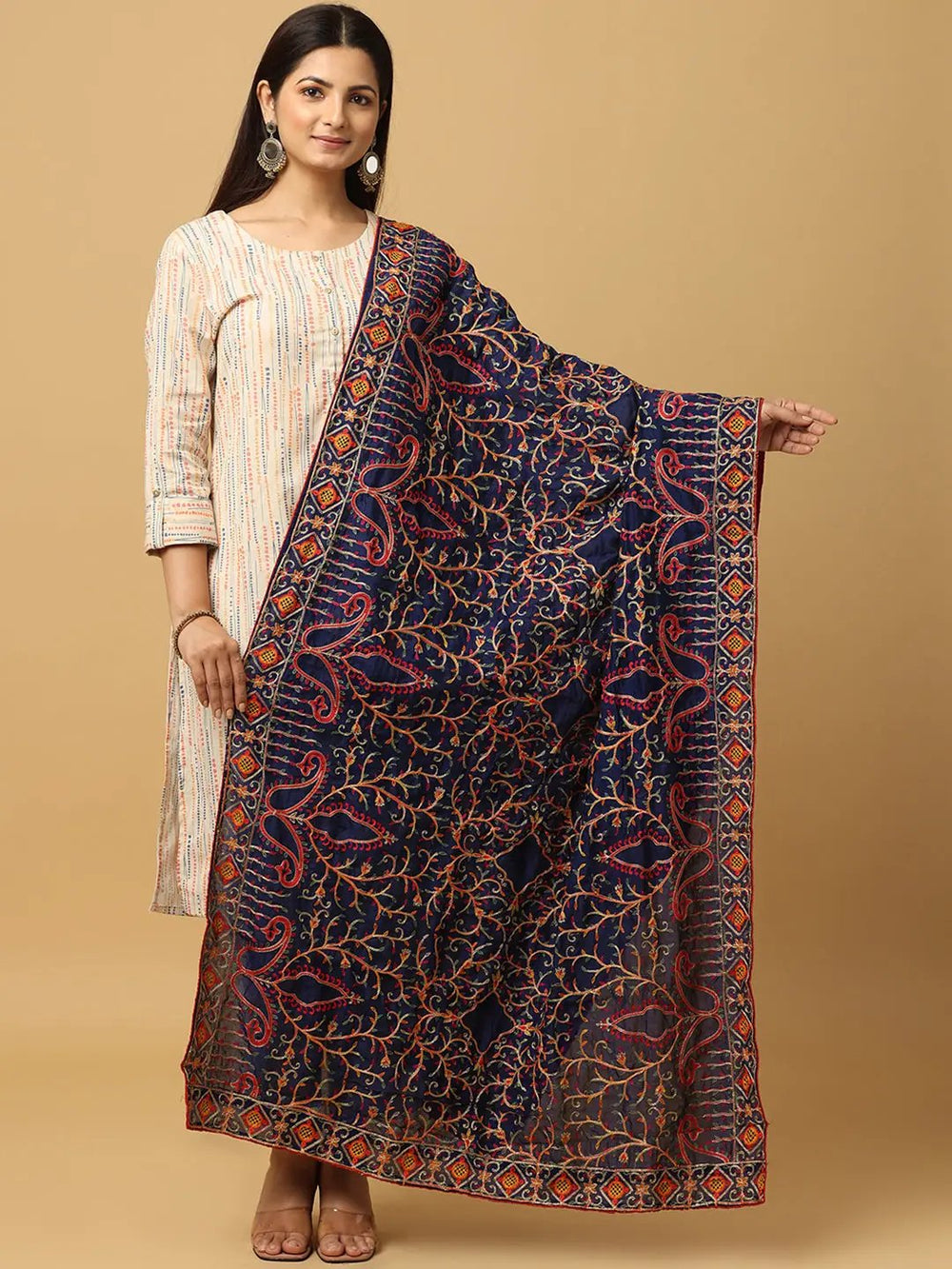 Navy poly chiffon pashmina dupatta with intricate threadwork
