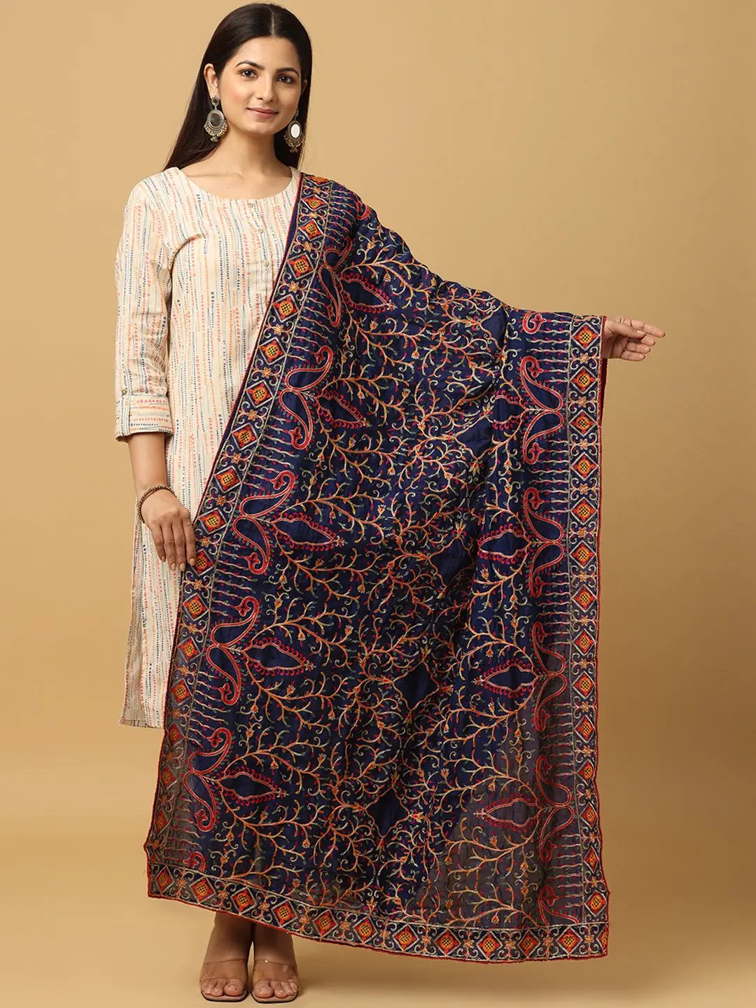 Navy poly chiffon pashmina dupatta with intricate threadwork