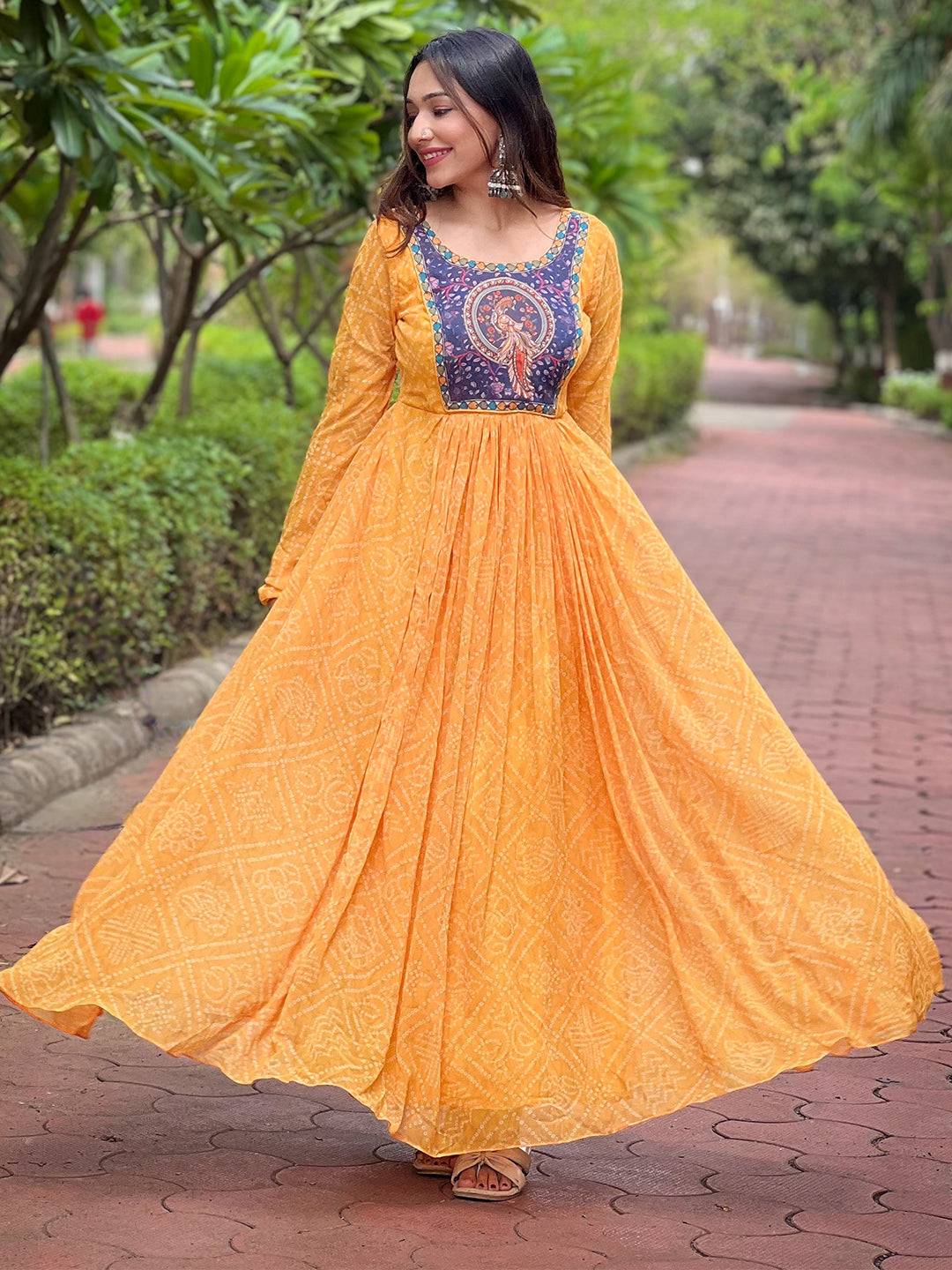 Elegant Honey Gold Bandhej Dress in Georgette