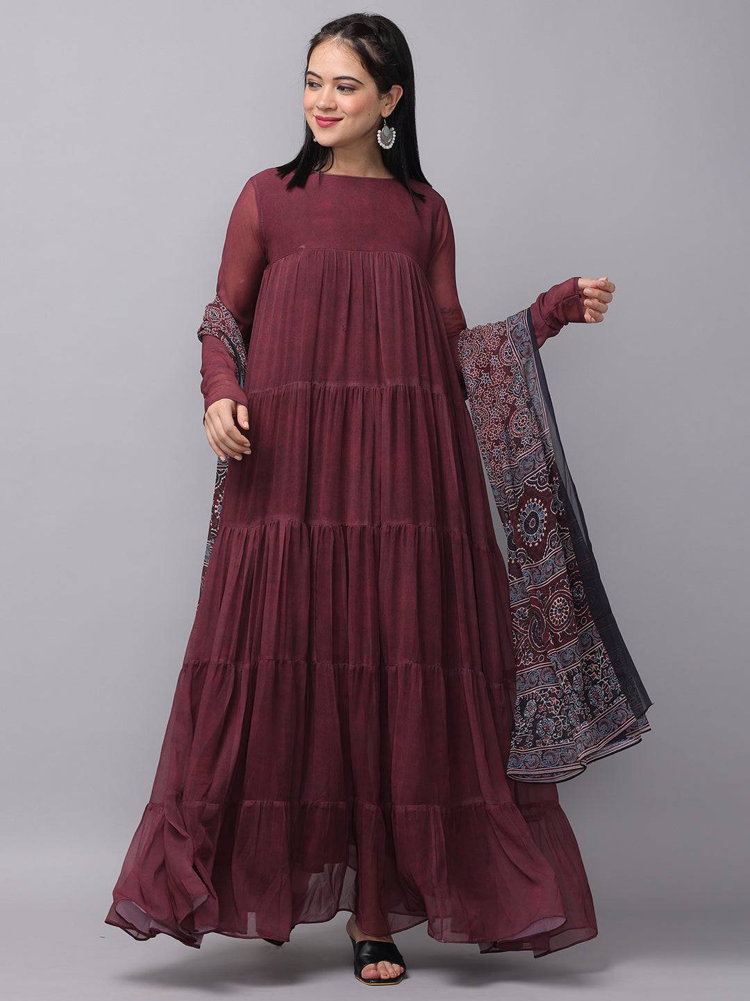 Flowy mulberry dress with intricate floral dupatta