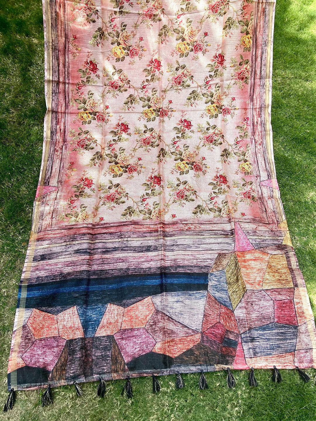 Soft Kota Doriya Silk Saree With Flower & abstect Prints