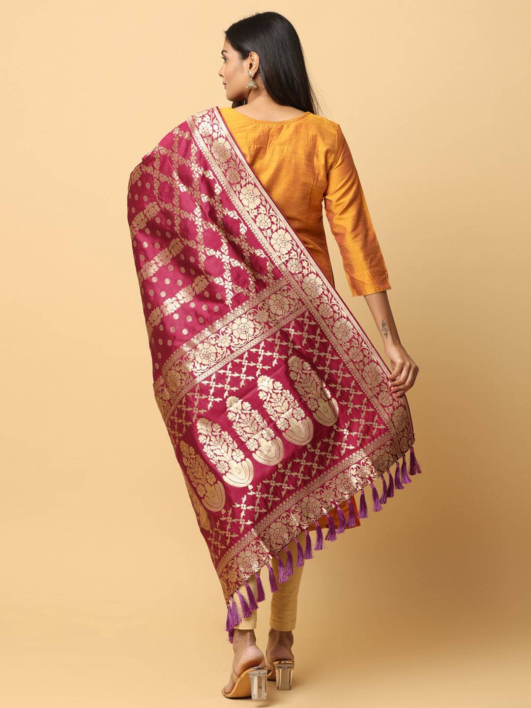 Back view of silk blend dupatta with intricate woven patterns