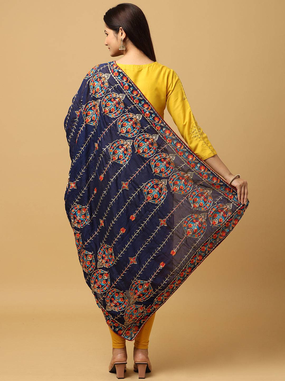 Back view of navy chiffon dupatta with intricate threadwork.