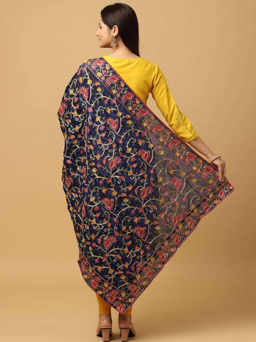 Back view of navy poly chiffon pashmina dupatta with embroidery.