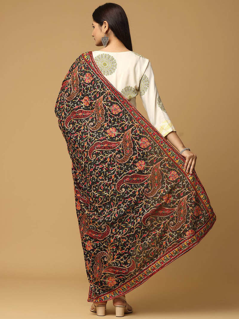 Black Bright Floral Jaal Pashmina Dupatta