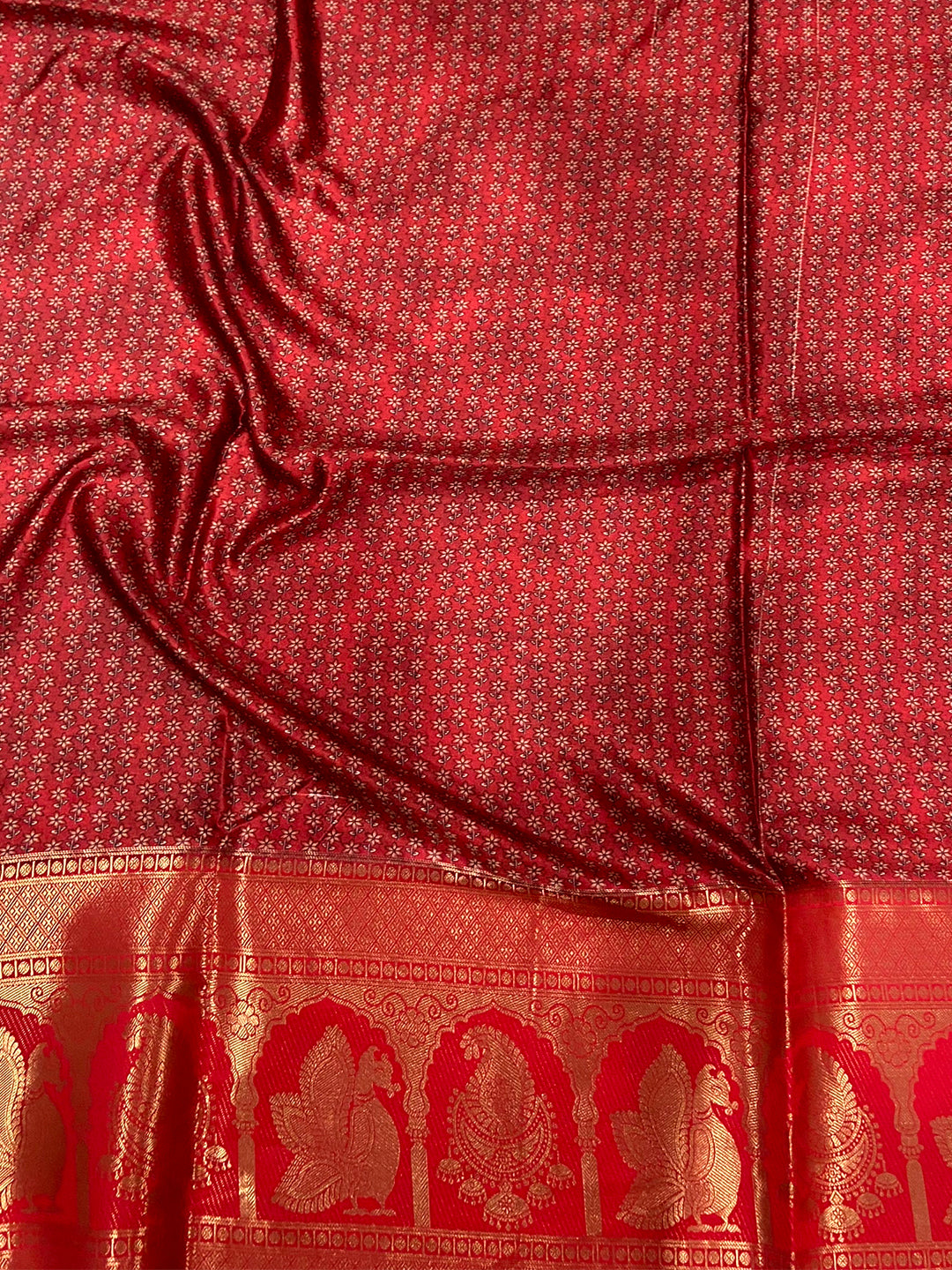 Artisan Soft Cherry Satin Kalamkari Print Saree