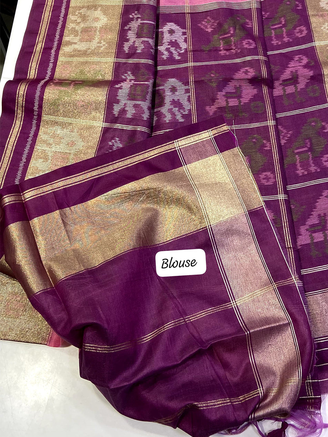 Pink Double Ikat Tussar Silk Saree