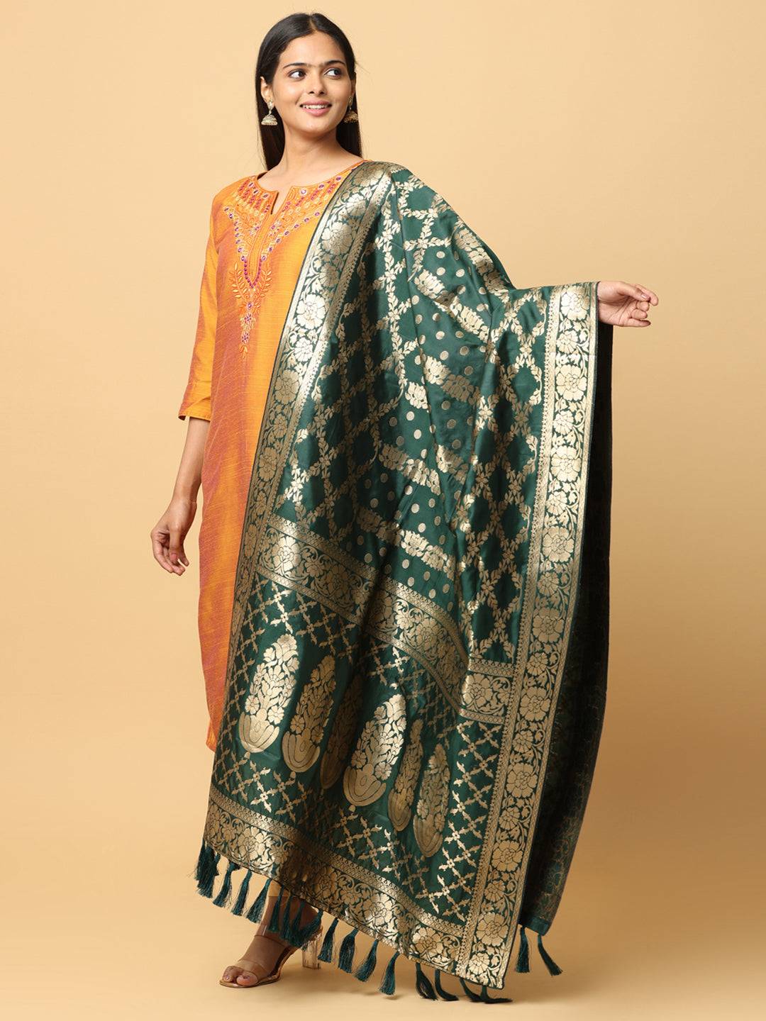 Full view of Bollywood silk blend woven design dupatta.