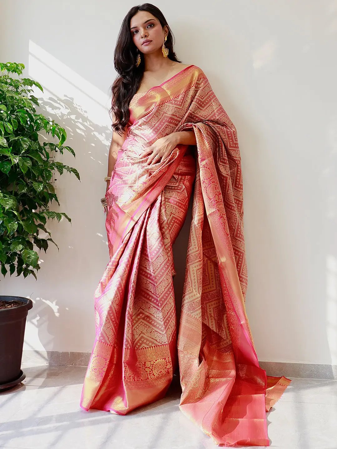 Model showcasing gold zari Kanjivaaram pattu silk saree in natural light.