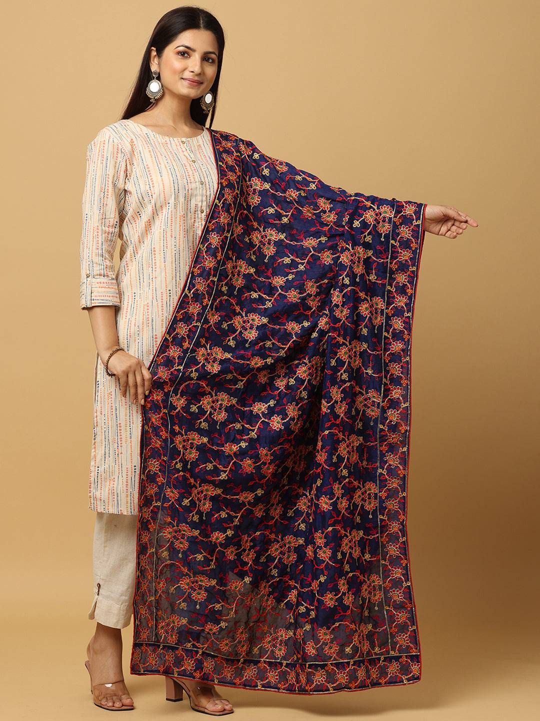 Navy poly chiffon pashmina dupatta with threadwork