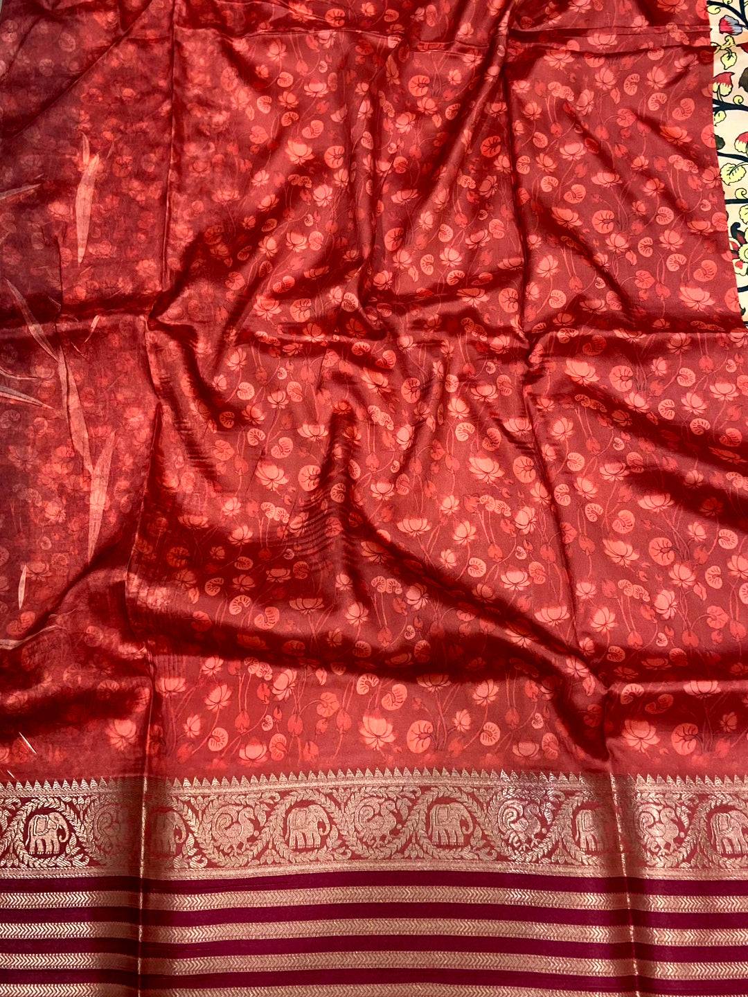 Red Kalamkari Digital Print Pattu Saree