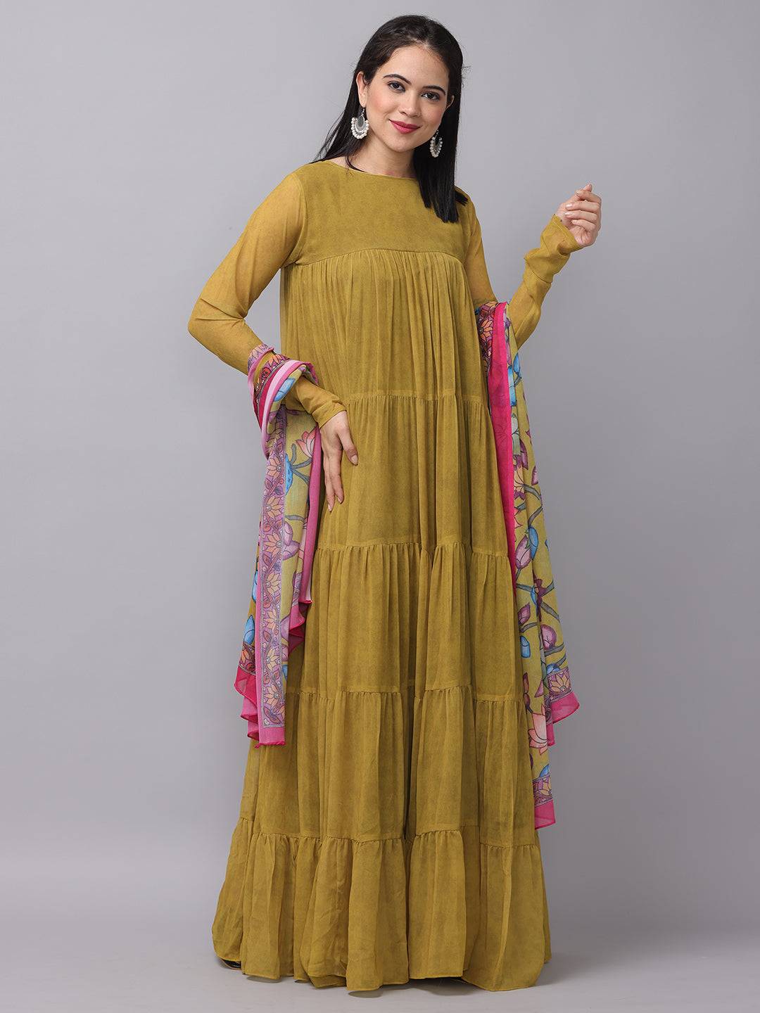 Elegant mustard olive dress with pink scarf