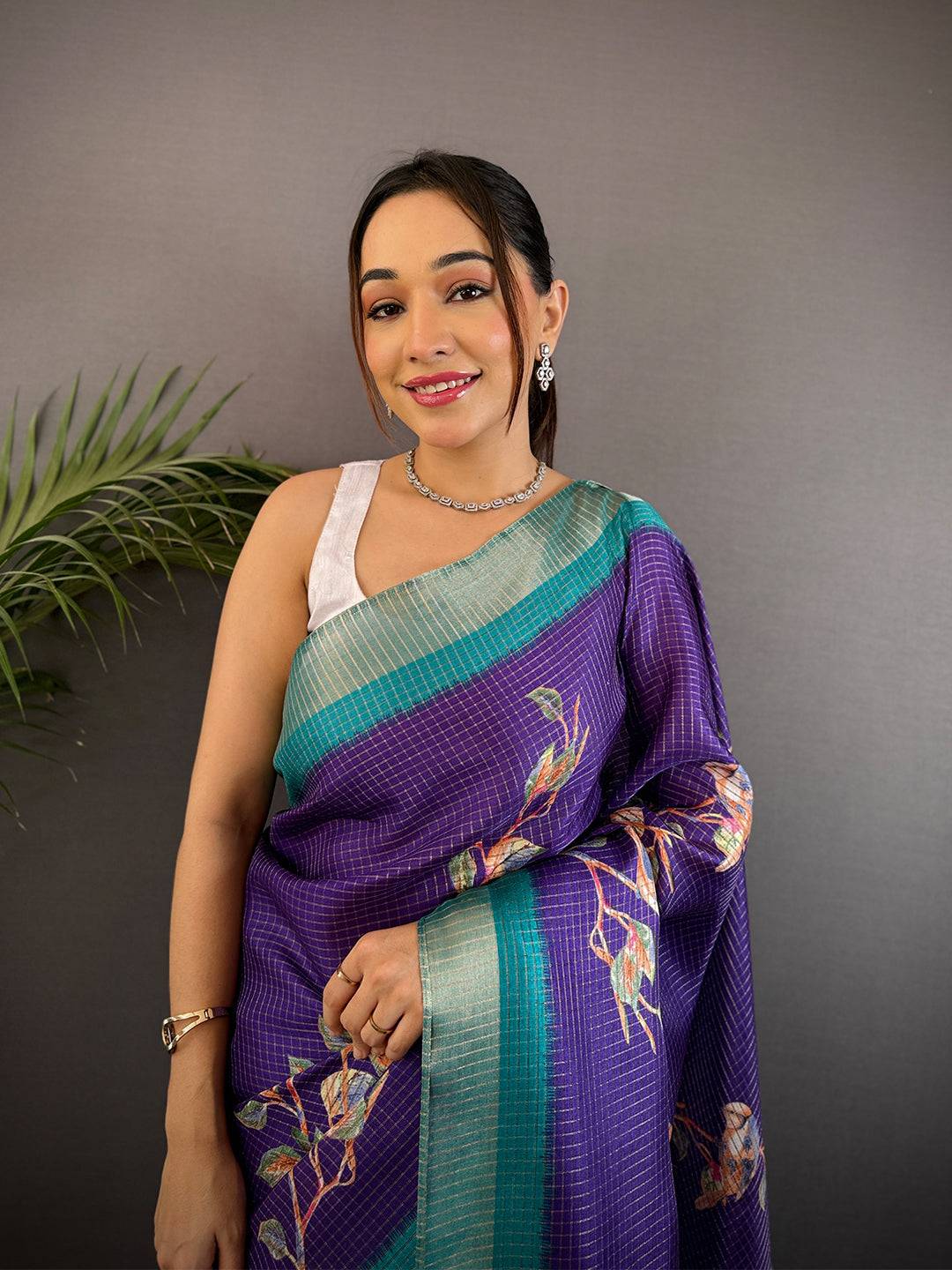 Purple Chanderi Check Sparrow Print Saree