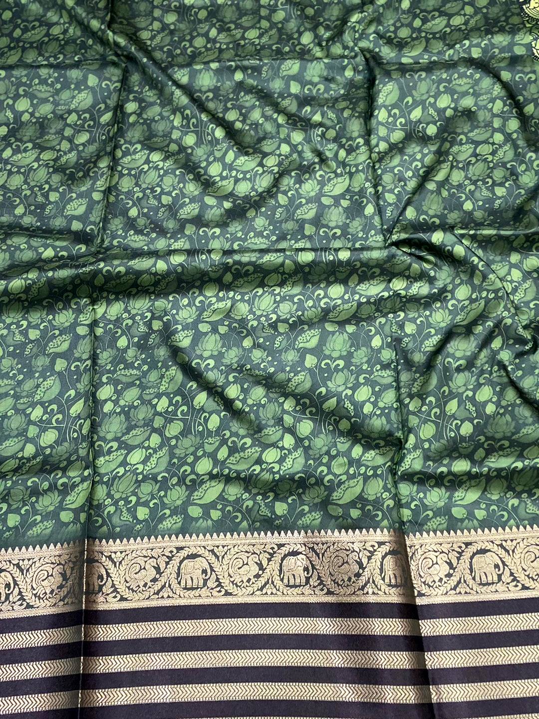 Parrot Green Kalamkari Printed Banarasi Saree