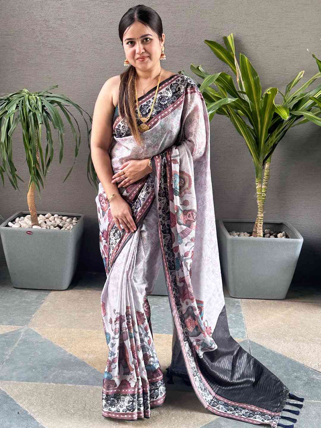 Elegant Kalamkari Saree in Grey Satin with Zari Pallu