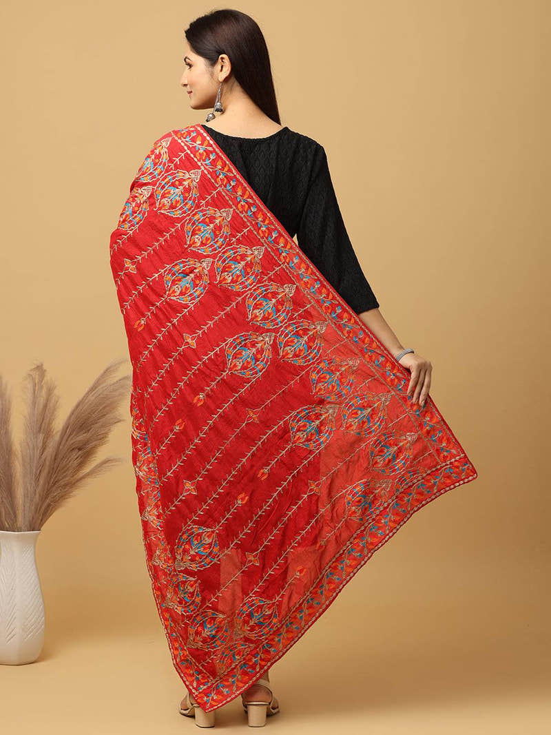 Red Silver Floral Band Pashmina Dupatta