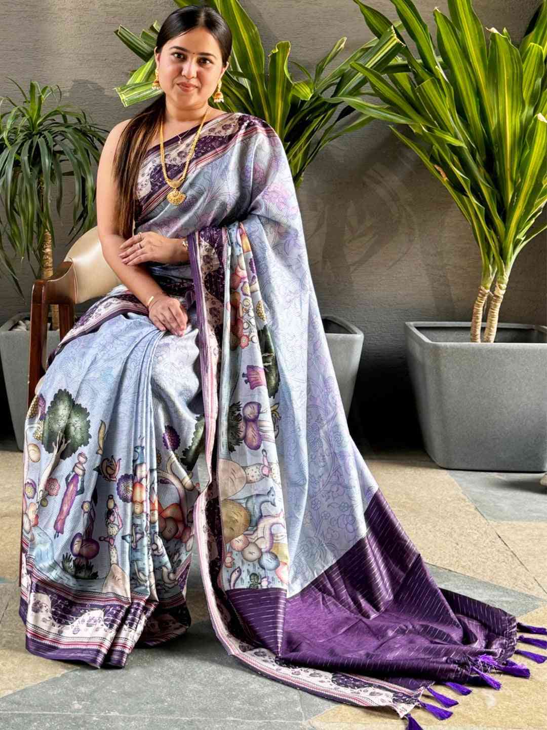 Lavender Satin Kota Doria saree with digital Kalamkari design.